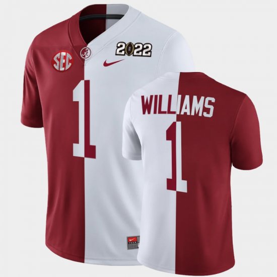 #1 Jameson Williams College Football University of Alabama 2022 National Championship Split Edition Mens Crimson White Jerseys 400415-449