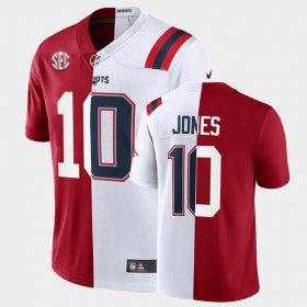 #10 Mac Jones Split Edition Alabama Crimson Tide X Patriots Commemorative Men Crimson White Jerseys 577259-352 #10 Mac Jones Split Edition Alabama Crimson Tide X Patriots Commemorative Men Crimson White Jerseys 577259-352