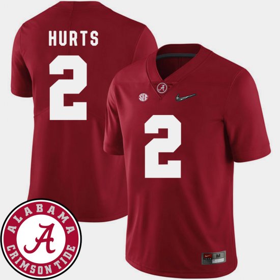 #2 Jalen Hurts College Football Alabama 2018 SEC Patch Men\'s Crimson Jersey 816899-889