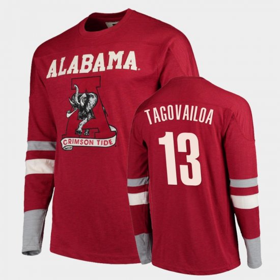 #13 Tua Tagovailoa Old School Bama Football Long Sleeve Men Crimson T-Shirt 852849-388